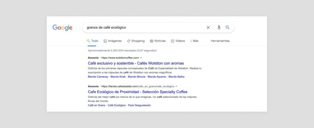 Resultados de búsqueda de pago mostrados por Google